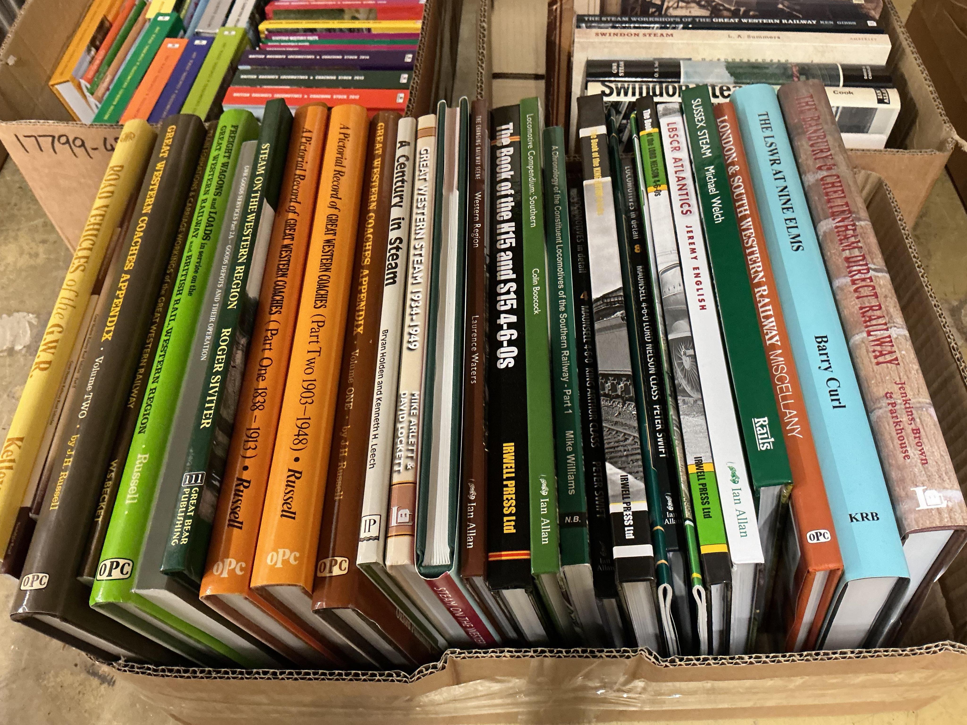 Three boxes of railway related books, subjects include; British Railways Locomotives & Coaching Stock year books, GWR, Swindon Steam, London and South Western Railway, Great Western Coaches, etc., publishers include; Pla